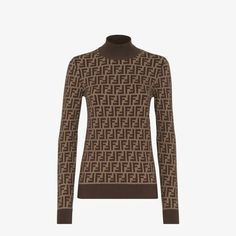 Figure-hugging jumper with a high collar and long sleeves. Made of a jacquard cotton knit with iconic brown FF motif. Trimmed with solid-coloured ribbed edges. Made in Italy. Size 36 Fendi Sweater, Monogram Sweater, Fendi Shirt, Beachwear For Women, Sweater Sale, Brown Sweater, Knitted Pullover Sweaters, Fitted Sweater, Black Rib