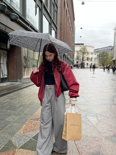 autumn outfits, red jacket outfits, red leather jacket outfits, grey pants outfits Red Outfit Inspo Streetwear, Red Jacket Outfit Women, Cherry Red Leather Jacket Outfit, Red Jacket Aesthetic, Red Jacket Outfit Aesthetic, Grey And Red Outfits, Red And Gray Outfit, Styling Red Pants, Red Fall Outfits