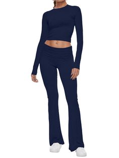 Yoga Slim Fit Two Piece Outfits Long Sleeve Cropped Top Fold-over Flare Pants Set - AnotherChill Low Rise Flare Pants, Grunge Summer Outfits, Flare Pants Set, Grunge Summer, Long Sleeve Cropped Top, Y2k Long Sleeve, Wardrobe Clothes, Skirts Jeans, 2000s Outfits