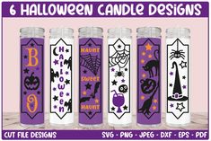 six halloween candles with different designs on them