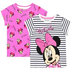 A 2 pack of Minnie-liscious tees in fabulous pink and white! Features 2 different designs of Minnie Mouse, including an eye-popping all over print that fans will go dotty for, as well as a classic navy and white stripe with Minnie's bow in shimmery pink glitter. The perfect tops for fans of Mickey Mouse's sweetheart and Disney's leading lady! Minnie Bow, Minnie Mouse Girl, Uk Clothing, Disney Merchandise, Kids Outfits Girls, Disney Girls, Character Designs, Free Amazon Products, Toddler Girl Outfits