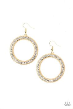 Encrusted in a glittery ring of white rhinestones, a studded gold hoop swings from the ear for a dramatic look. Earring attaches to a standard fishhook fitting. Sold as one pair of earrings. P5ED-GDXX-053XX Friend Jewelry, Halo Earrings, The Ear, Dramatic Look, Paparazzi Accessories, White Rhinestone, Gold Rhinestone, Inspired Jewelry, Paparazzi Jewelry