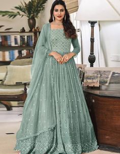 Green Anarkali style Suits Faux Georgette Salwar Kameez in Embroidery, Sequins & Lace Work:Arabic Attire #suitdesign #bestsuitsforwomen #dresssuitsforladies #suitbuyonline #salwarsuits #designerwomen'ssuits #thesuitlady #indianonlineshopping #suitnew #allsuits #pantsalwar #womenssuitdress #salwarpant #ladiessuitsonline #womensdesignerssuits #dressessuitswomen #shuitforgirls #trendysuitsforwomen #designersuit #womandesignersuit Green Anarkali, Indian Dresses For Women, Blue Anarkali, Floor Length Anarkali, Designer Anarkali, Pakistani Salwar Kameez, Anarkali Gown, Silk Bottoms, Ethnic Looks