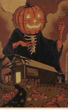 a halloween card with a skeleton holding a wine glass in front of a pumpkin house