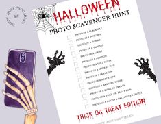 a halloween photo scavenger hunt with skeleton hands holding up a cell phone to the camera