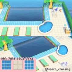 Acnh Surf Shack, Acnh Waterpark, Animal Crossing Ground Patterns, Animal Crossing Music, Pool Tile Designs, Animal Crossing Funny, Acnh Island Ideas