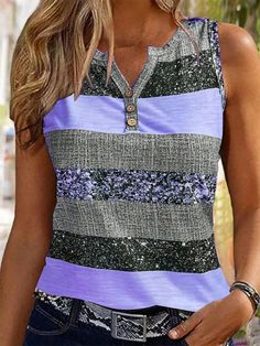 Multicolor Casual Collar  Knitted Fabric Colorblock,Striped,All Over Print Tank Embellished Slight Stretch  Women Clothing Casual Summer Wear, Trendy Tops For Women, Casual Stripes, 가을 패션, Tankini Top, Striped Blouse, Sleeveless Tank Top