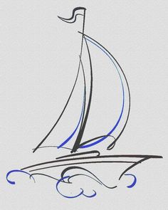 a drawing of a sailboat with blue sails on the water and waves around it