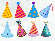 colorful party hats with ribbons and streamers on white paper, set against a grungy background