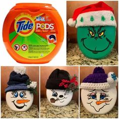 four pictures of different types of toilet paper with hats on them and one has an orange container