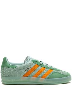 mint green/tangerine orange calf suede signature 3-Stripes logo signature trefoil logo detail contrasting heel counter logo at the sole contrasting trim round toe front lace-up fastening branded insole translucent rubber sole These styles are supplied by a premium and authenticated sneaker marketplace. Stocking only the most sought-after footwear, they source and curate some of the most hard to find sneakers from around the world. Adidas Gazelle Indoor, Green Tangerine, Sneakers Green, Yellow Sneakers, Tangerine Orange, Adidas Outfit, Iconic Bags, Fine Watches, Summer Beach Wear