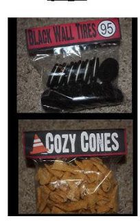 three pictures showing different types of black and white treats in plastic bags, with the words cozy cones printed on them