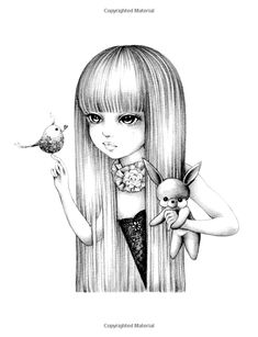 a drawing of a girl with long hair holding a doll and a bird on her arm