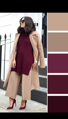 Burgundy Colour Combinations Outfit, Feminine Menswear For Women, Winter Color Combinations Outfit Ideas, Deep Color Outfits, Neutral Color Outfits Women, Trendy Winter Coats, Combination Fashion