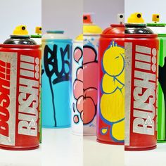 three different types of soda cans with graffiti on them