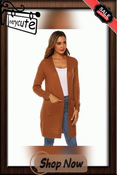 Brown Open Front Cardigan with Pockets Long Brown Cardigan For Workwear, Long Brown Cardigan For Work, Brown Open Front Sweater With Pockets, Brown Sweater Coat With Pockets For Spring, Brown Open Front Sweater Coat For Spring, Brown Sweater With Pockets For Spring, Trendy Brown Open Front Cardigan, Brown V-neck Cardigan With Pockets, Cardigan With Pockets