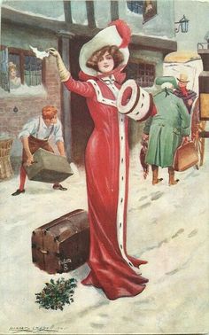 a woman in a long red dress and hat standing next to an old luggage bag