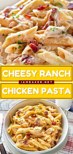 cheesy ranch chicken pasta in a white bowl on a red and white checkered tablecloth