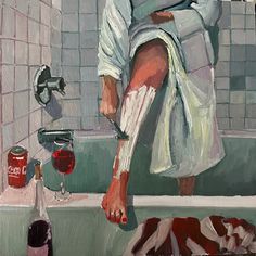 a painting of a person sitting in a bathtub with their feet on the tub