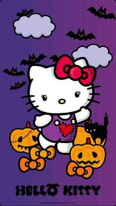 an image of hello kitty with pumpkins and bats on the ground in front of a purple background