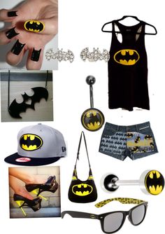 a woman's outfit and accessories are arranged in the shape of a batman symbol