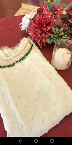 Beeds Work In Churidar Neck, White Salwar Kameez With Pearl Embroidery, Pearl Work On Kurti, Embroidery Designs For Kurtis, Simple Beads Design On Kurti, Beads Work On Kurti Neck, Pregnant Outfit