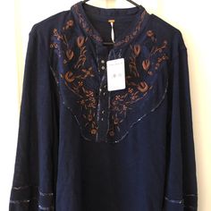 Free People Floral Embroidered Blouse. Nwt, Never Worn, Retail $98. Fall Embroidered Sleeve Fitted Tops, Fall Cotton Tops With Floral Embroidery, Floral Embroidered Cotton Tops For Fall, Long Sleeve Tops With Floral Embroidery For Fall, Long Sleeve Floral Embroidered Tops For Fall, Bohemian Embroidered Top For Fall, Embroidered Long Sleeve Tops For Fall, Casual Festival Top With Embroidered Sleeves, Casual Festival Tops With Embroidered Sleeves