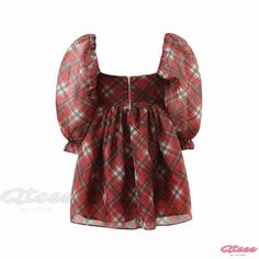 Qteee - Grid-patterned high-waisted dress with bubble sleeves, pleats, and a flattering collarbone cut - Fanglelu Dress Organza Ball Gown, Dress Puff Sleeve, Fairy Cake, Ball Gown Dress, Flared Mini Skirt, Dress With Pleats, Puff Dress, Checkered Dress, Bubble Dress