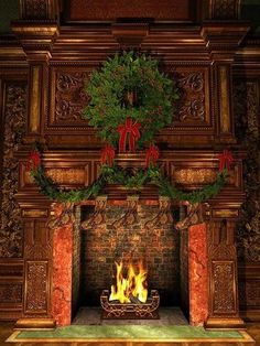 a fireplace with a wreath on the mantle and presents hanging from it's sides