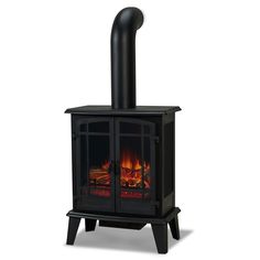 a black stove with an open door and fire in the fireplace, against a white background