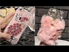 two pictures of cell phones with crowns on them and one is wearing a pink case