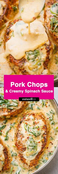 pork chops and creamy spinach sauce in a skillet with a ladle