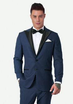 Jacket & pants included. Vest optional. Delivered in as little as two weeks. Covered by our Free Remake Guarantee. Complete the look with Shirts, Ties & Squares. Tuxedo Suits For Black-tie Gala Events, Tailored Blue Tuxedo For Wedding, Royal Blue Notch Lapel Suits For Party, Blue Tuxedo Blazer For Wedding, Blue Fitted Suit For Formal Occasions, Formal Fitted Blue Suit, Blue Fitted Formal Suits, Navy Fitted Suit For Wedding, Fitted Navy Suit For Wedding