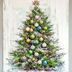 a painting of a christmas tree in front of a white wall with ornaments on it