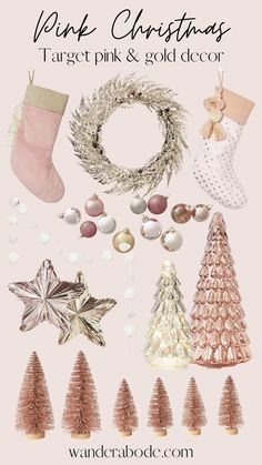 a pink christmas tree, stockings and other decorations with text overlay that says pink christmas target pink & gold decor