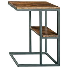 the side table is made from metal and wood, with a wooden shelf on one end