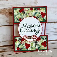 two christmas cards with the words season's greetings written in green and red