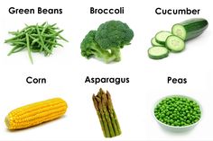 there are many different types of vegetables in the picture, including broccoli, cucumber, corn, asparagus and peas