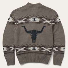 This brown zip-front cardigan sweater gives a nod to Stetson’s long-standing Western heritage with a Longhorn Steer motif alongside an Aztec-inspired print. It has two front hand pockets and a self-knitted collar, cuffs and waistband. Made from a wool blend, it provides warmth, comfort, and rugged style whenever the weather calls for an extra layer. Heathered Yarns Zip Front Self Knitted Collar, Cuffs, & Waistband Front Hand Pockets Exclusive Longhorn Steer & Aztec Pattern 60% Cotton, 30% Nylon, Brown Wool Jacquard Knit Outerwear, Brown Nordic Jacquard Knit Sweater, Nordic Brown Jacquard Knit Sweater, Casual Brown Jacquard Knit Outerwear, Brown Jacquard Knit Cardigan For Winter, Nordic Style Brown Cardigan For Fall, Brown Nordic Long Sleeve Outerwear, Brown Nordic Style Long Sleeve Outerwear, Nordic Style Brown Long Sleeve Outerwear