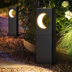 three solar powered outdoor lights in front of some plants and bushes with the moon on them