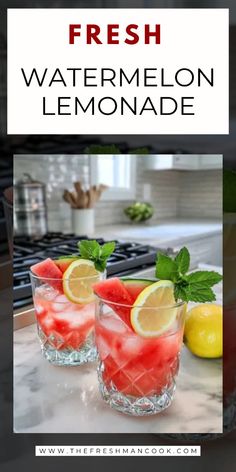 three glasses filled with watermelon lemonade sitting on top of a kitchen counter