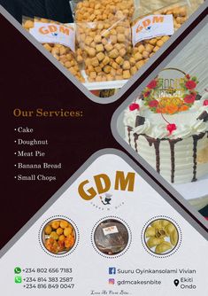 an advertisement for g d m cakes and desserts