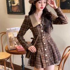 Kawaii Aesthetic Y2K Cute Fairy Vintage Plaid Dress MK Kawaii Store Party Mini Dresses, Plaid Dress Vintage, Style Kawaii, Coat Autumn, France Vintage, Shiny Pants, Mini Robes, Dress Coat, Vestidos Vintage