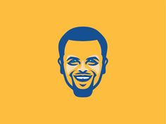 the face of a smiling man with blue hair and beard on an orange yellow background