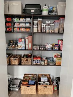 an organized pantry with baskets and food items