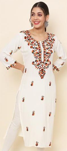 White and Off White color Kurti in Rayon fabric with Embroidered, Resham, Thread work White Cotton Embroidered Fabric With Motifs, White Embroidered Cotton Fabric With Motifs, Traditional White Embroidered Fabric For Spring, Traditional White Embroidered Summer Fabric, Fitted White Embroidered Fabric For Festivals, White Cotton Embroidered Fabric For Festivals, White Fabric With Resham Embroidery For Spring, White Embroidered Fabric With Resham For Spring, White Embroidered Fabric With Resham Embroidery For Spring