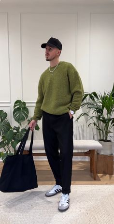 Men’s Classy Street Wear, Transitional Street Style, Green Dress Outfit Men, Men’s Christmas Dinner Outfits, Men’s Museum Outfits, Men’s Green Sweater Outfit, Men Fashion Casual Outfits Winter, Mens Fashion Moodboard, Holiday Party Outfit Men Casual