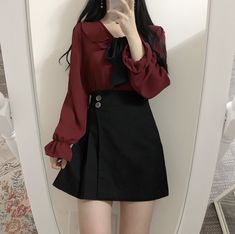 Preppy Girl Style, Rok Mini, Cute Bow, Kpop Fashion Outfits, Blouse Shirt, Casual Style Outfits, Black Skirt, Preppy Style, Classy Outfits