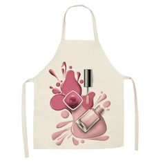 a white apron with pink and red paint splattered on it, featuring a bottle of lipstick