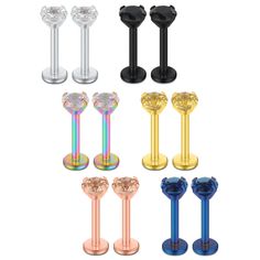 PRICES MAY VARY. You will receive 6PRS(12pcs) mix color CZ Stainless steel Internally threaded 16 gauge labret, monroe or tragus and anothers body jewelry,in 6 different colors(siliver,black,gold,rainbow,blue,rose gold). Made with Surgical Grade 316L Stainless Steel and High Quality Cubic Zirconia,Durable and Hypoallergenic, Completely Non-corrosive, Lead and Nickel Free, Also Resistant to Acid, Alkali, No Fading, No Distortion. Gauge: 16G (1.2mm); Wearable Bar Length: 8mm; CZ Gem Diameter:4mm I Double Labret Piercing Lip Rings, Labret Piercing Ring Center, Lip Piercing Monore Diamond, Lip Stud Piercings Plastic, Vertical Labret Jewelry Heart, Jewelry Bar, Lip Rings, Stud Piercing, Labret Piercing